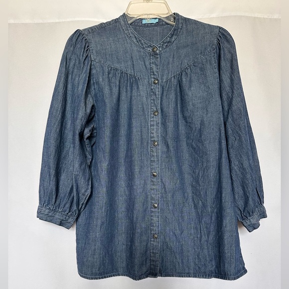 J. McLaughlin Tops - J. McLaughlin Chambray Denim Puff Sleeve Yoke Blouse Medium Blue